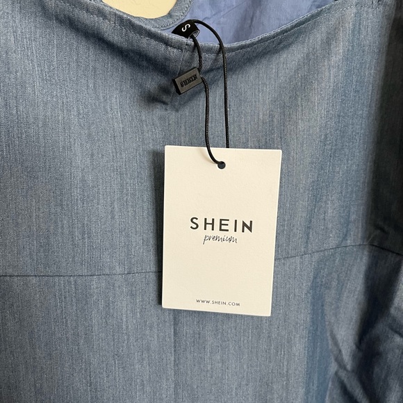 NWT SHEIN Puff Sleeve Dress Denim Blue Color Sz Small Keyhole Front Lined Dress - Picture 2 of 5